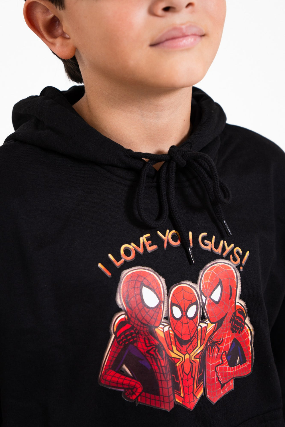 Sudadera Spider-Man con capucha para niño diseño I Love You Guys — estampado visto de tres cuartos