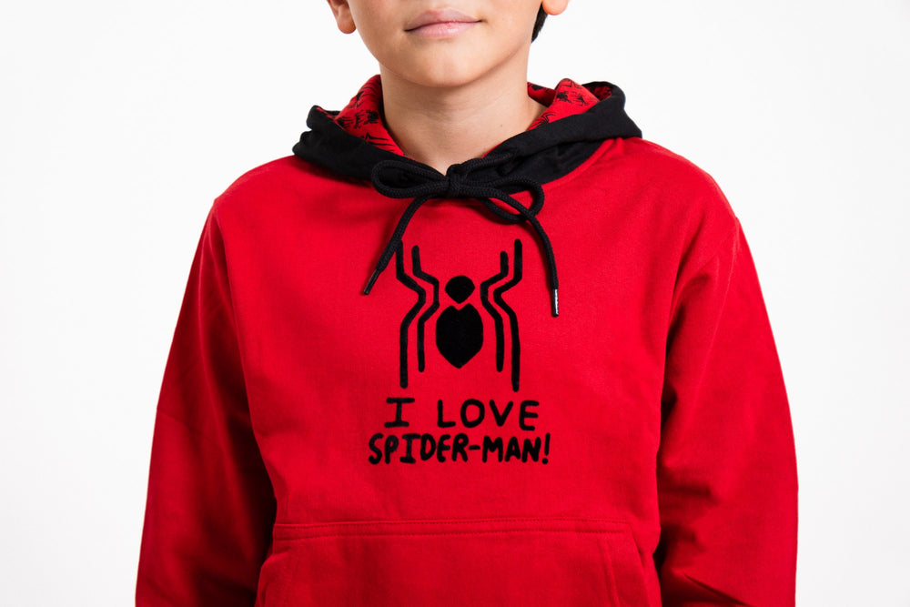 Sudadera Spider-Man con capucha para niño diseño I Love Spider-Man — detalle del estampado aterciopelado de la araña