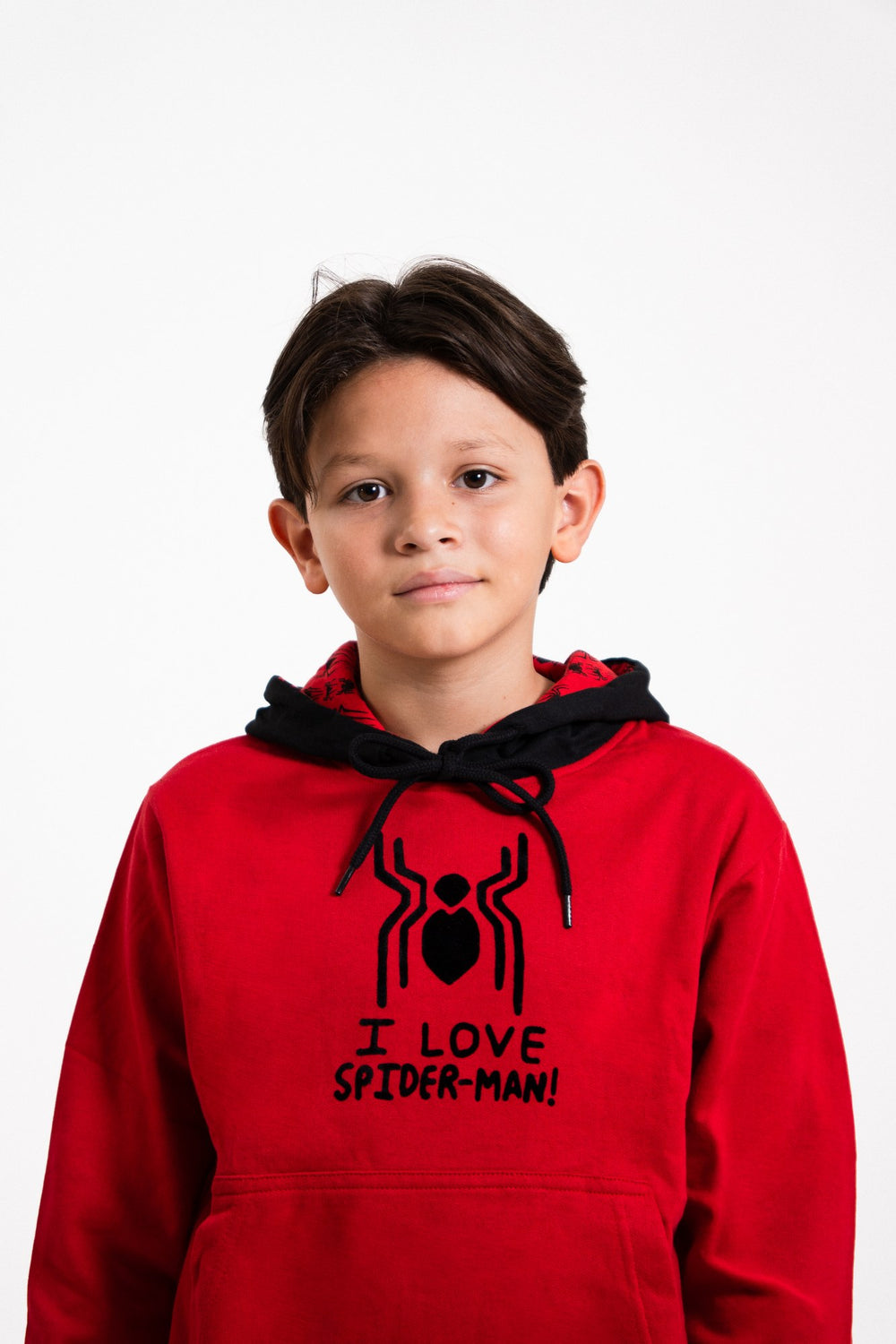 Sudadera Spider-Man con capucha para niño diseño I Love Spider-Man — vista frontal en estudio