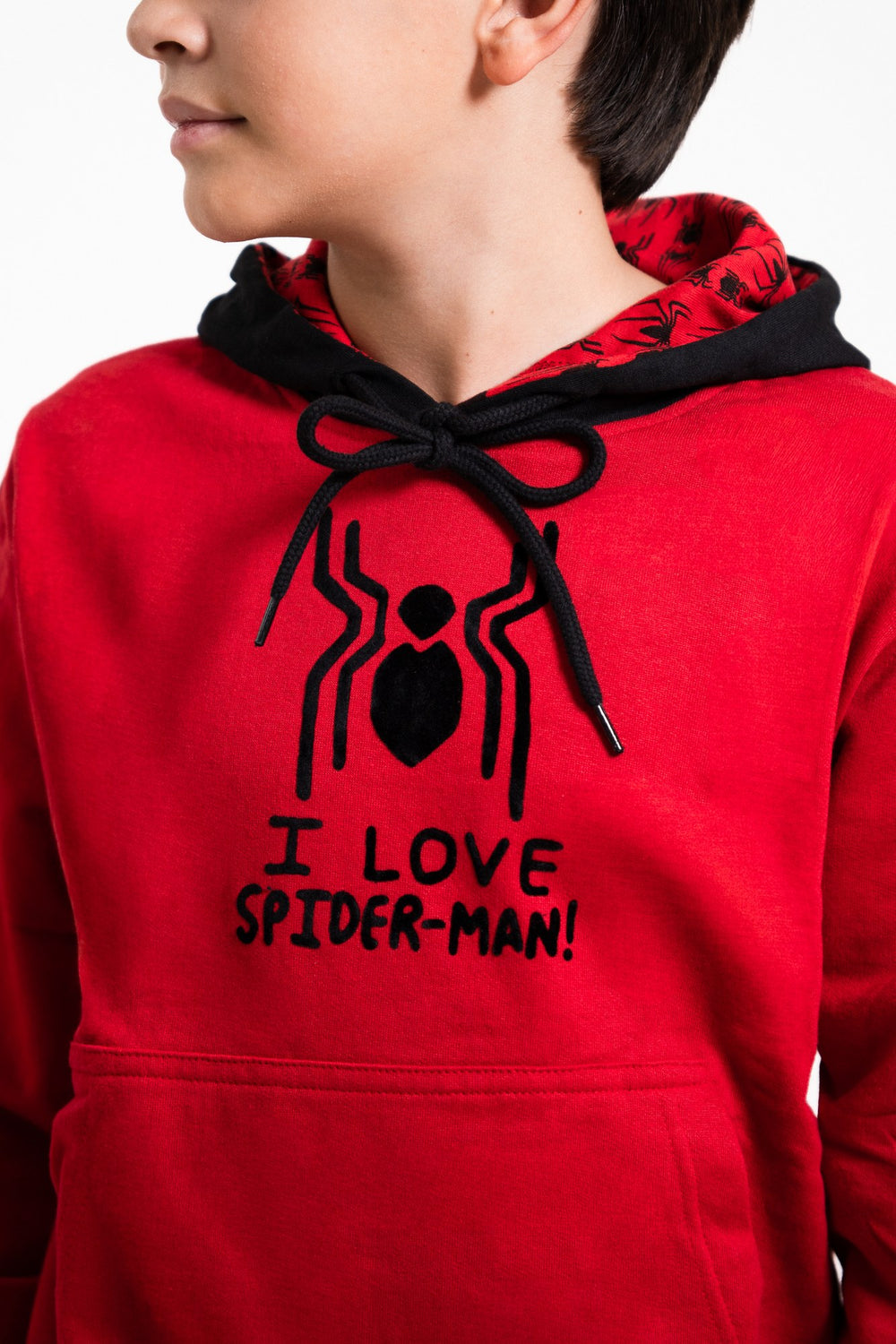 Sudadera Spider-Man con capucha para niño diseño I Love Spider-Man — estampado visto de tres cuartos