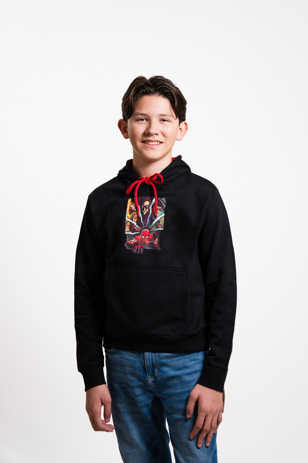 Sudadera Spider-Man con capucha para niño diseño Comic Villains — vista frontal completa en estudio