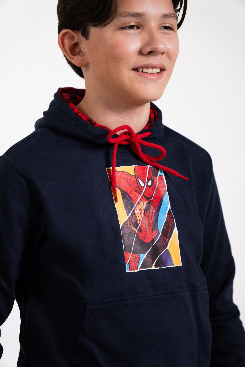 Sudadera Spider-Man con capucha para niño diseño Comic Art Navy — estampado visto de tres cuartos